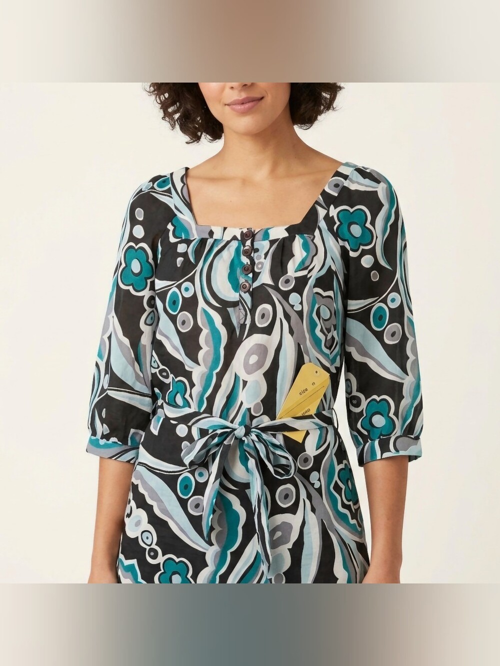 3/$20 Tramp Blouse Top Womens Size Medium Black Teal 3/4 Sleeves Square Neck